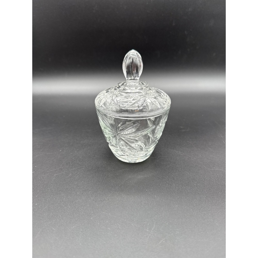 Vintage Clear Pressed Glass Lidded Sugar Bowl Starburst Wheat Pattern Candy Dish